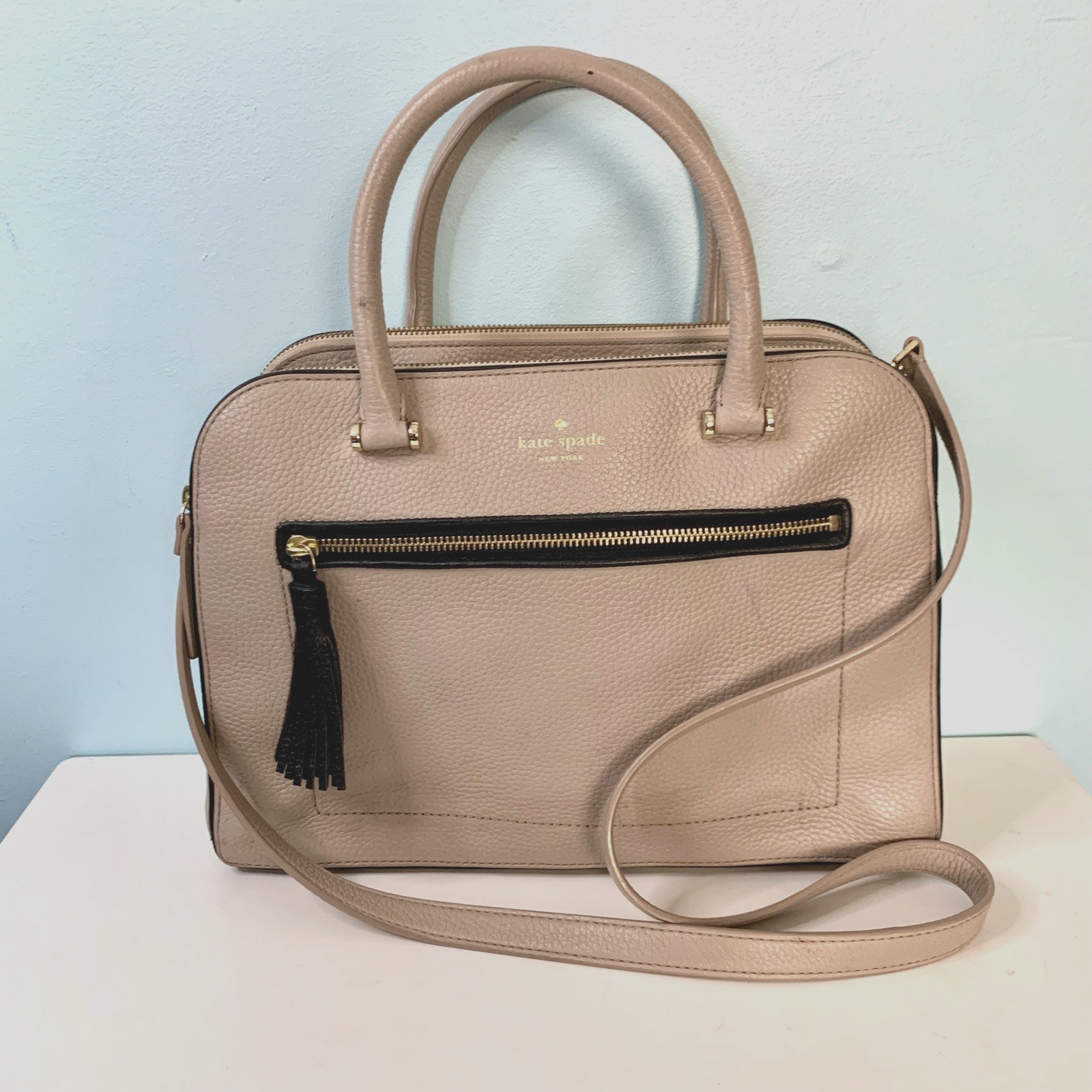 Kate Spade Kalen Beige Pebbled Leather Satchel With Tassel Detail